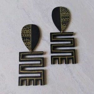 Zaina Black Gold Tribal Print Wood Stud Earrings